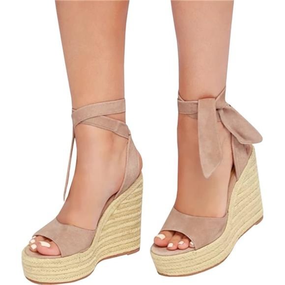 Women Espadrilles Wedges Sandals Heels Open Toe Tie Lace Up Platform Ankle Strap - Picture 2 of 6